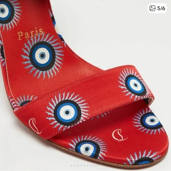 Christian Louboutin Red Satin Eye-Print Bow Stiletto Sandals - Picture 5 of 6